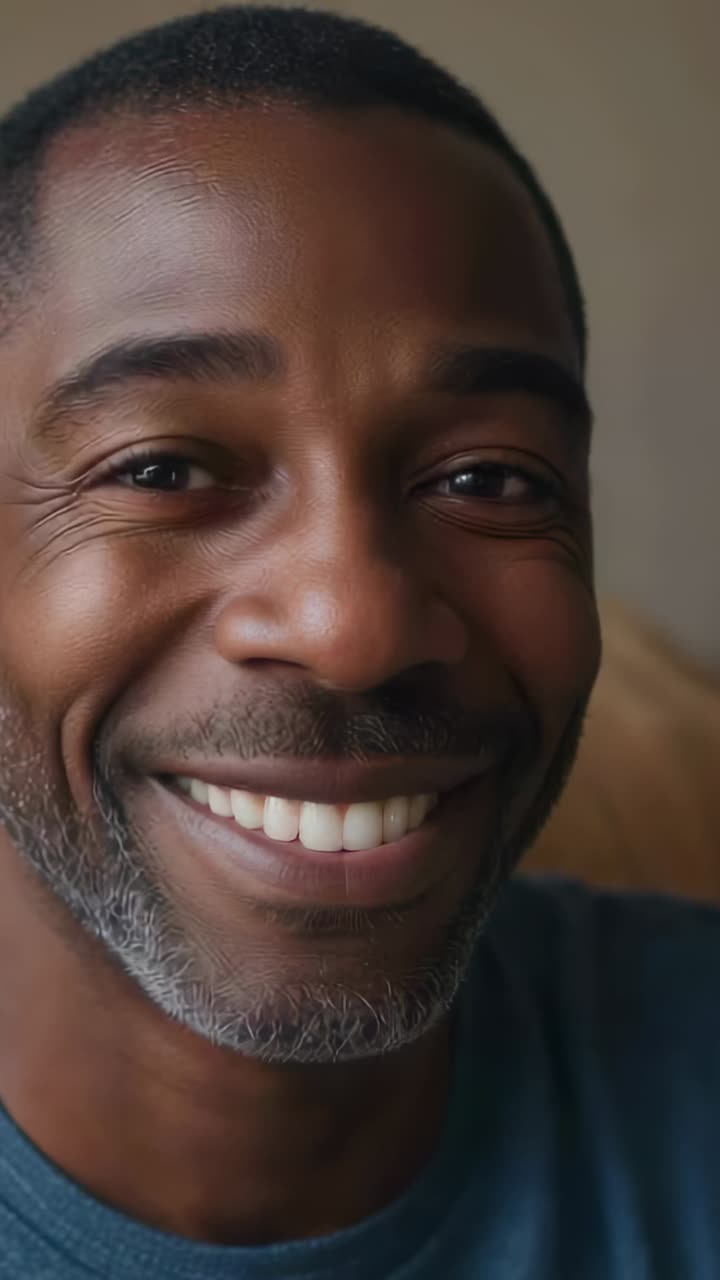 Vertical video: Smiling man responding to close-up on sofa, closing eyes and focusing in blue shirt