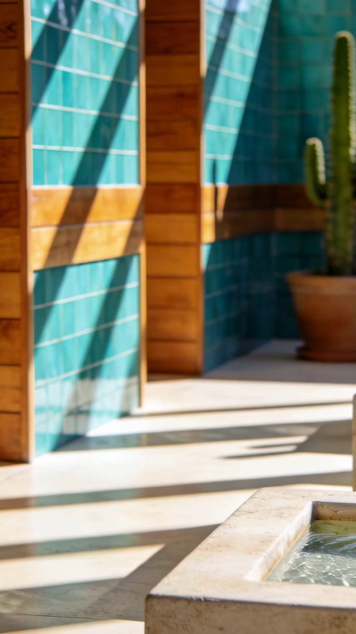 Vertical video: Shifting crop revealing turquoise tiles and basin on sunlit patio, showing corner
