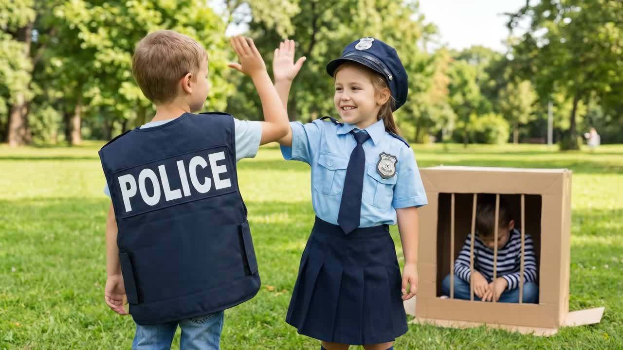 Bambini che giocano a fare i poliziotti e il prigioniero nel parco