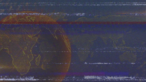 dot-pattern globe spinning on left, showing glitchy scan lines with faint map outlines