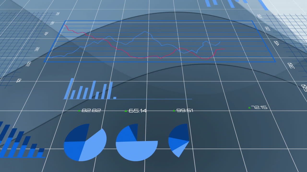 Animation of data processing and diagrams over gray shapes