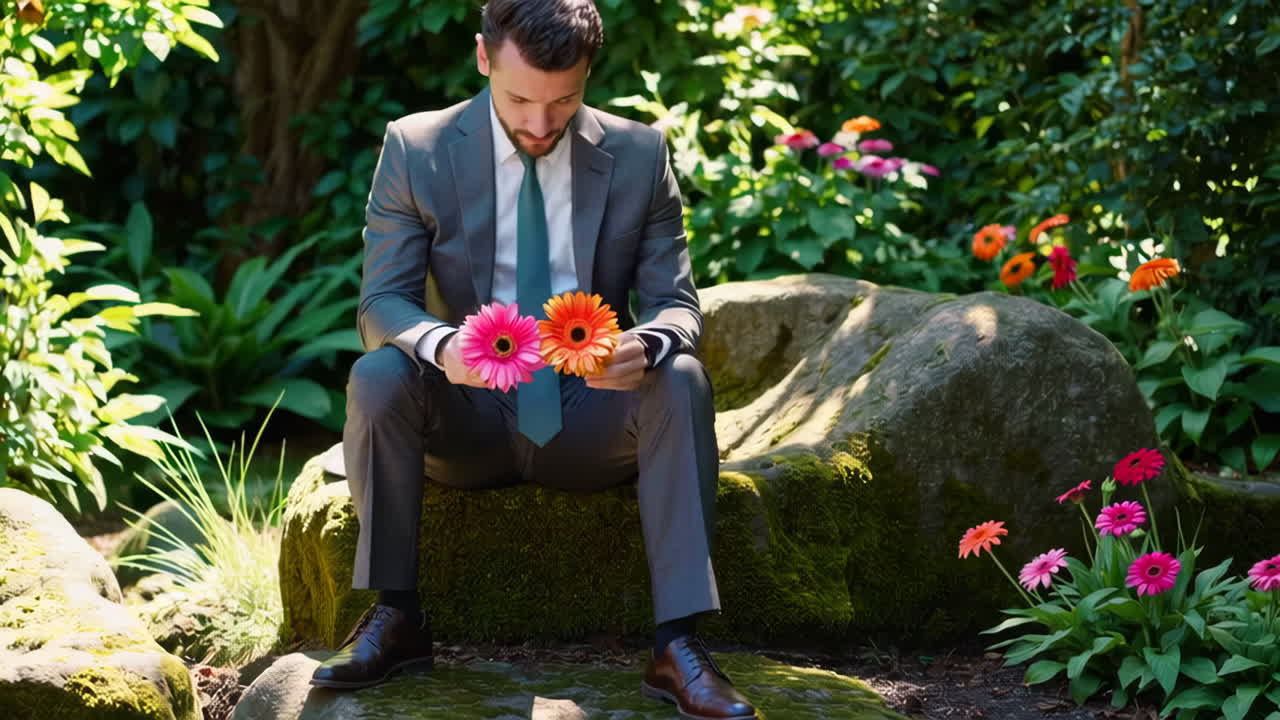Man in Suit Holding Flowers in a Garden