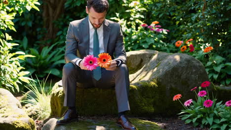 man in suit holding flowers in a garden