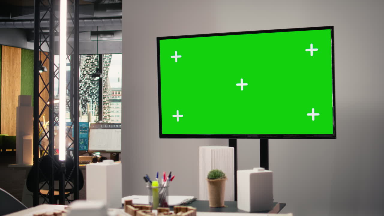 Empty real estate office with a huge isolated green screen TV in innovation hub
