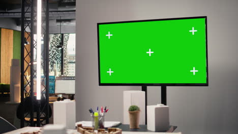 empty real estate office with a huge isolated green screen tv in innovation hub