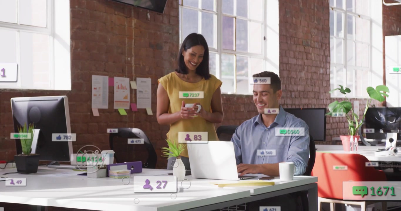 Standing woman approaching with mug initiating animated badges rising over laptop for marketing