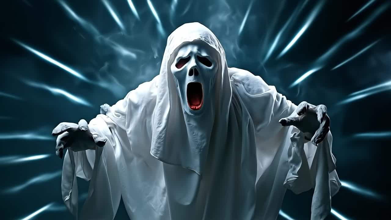 A ghost in a white robe with his hands outstretched in the air
