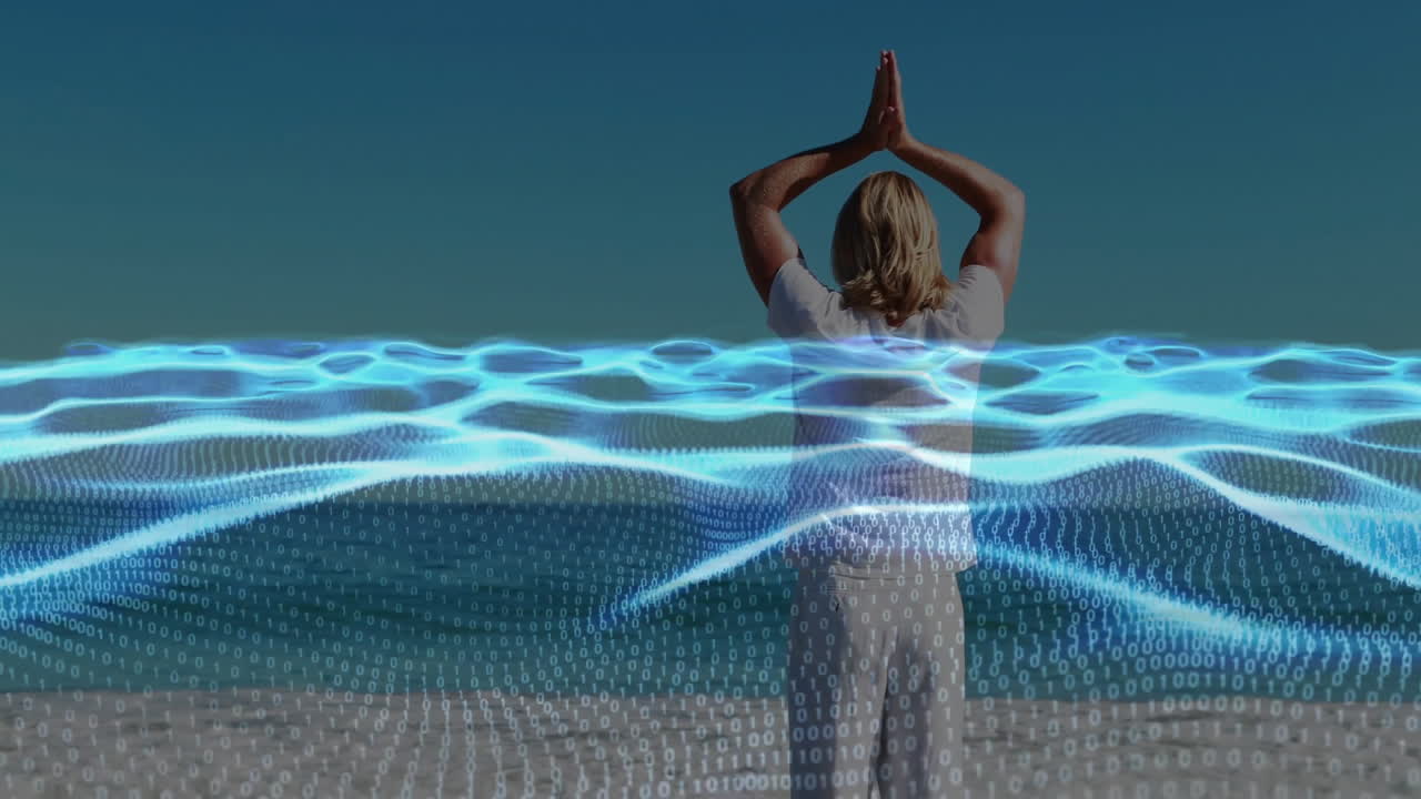 Person practicing yoga with digital wave and binary code animation overlay