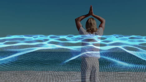 person practicing yoga with digital wave and binary code animation overlay