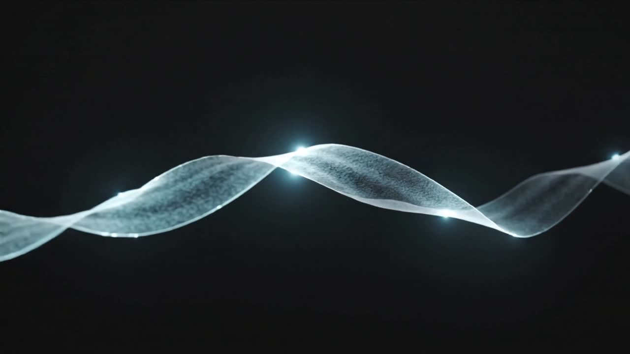 Undulating translucent particle ribbon wave moving left to right across dark void, pulsing nodes