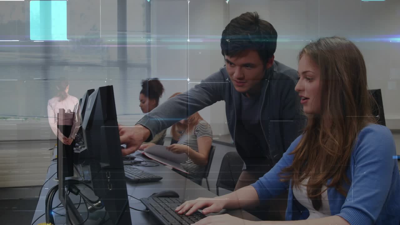 Tutor leaning and pointing, guiding typing at lab desk for help, HUD centering, tutor stepping back