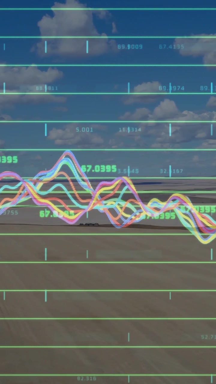 Vertical video: Real-time data feeding waves rising and shifting over land, tracking analytics