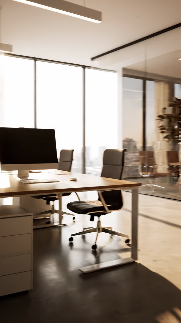 Interno moderno di un ufficio vuoto con sala riunioni e vista sulla città