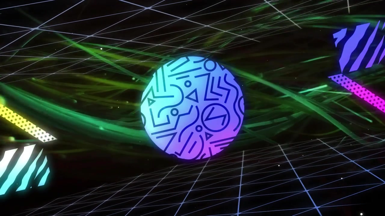 Dark void revealing 3D wireframe grid, shapes cycling rotating merging showing geometry