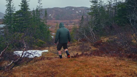 rear of a man wearing a hoody jacket walking in the foggy mountain.