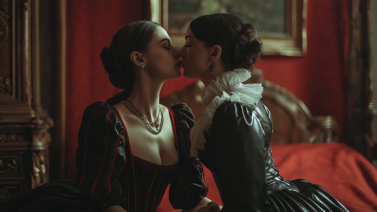 Due donne si abbracciano con passione su un lussuoso letto rosso