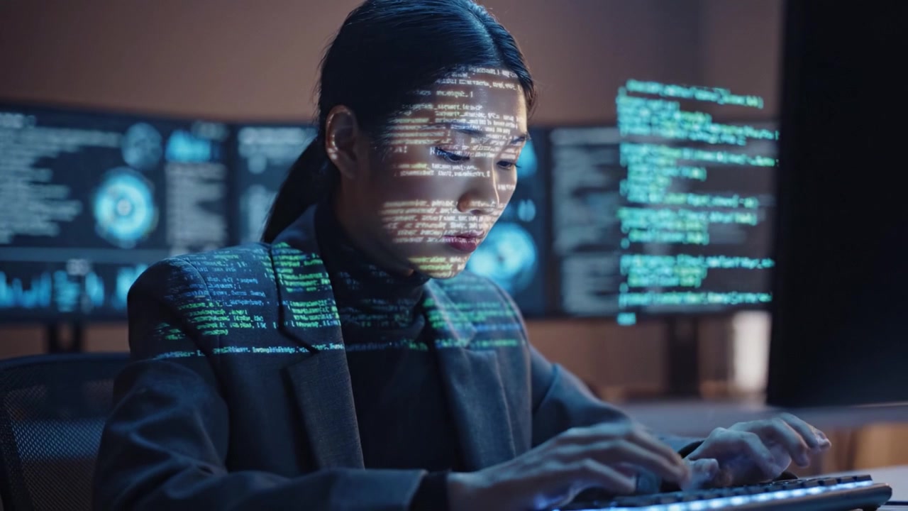 Focused on Innovation: A Skilled Programmer Engaged in Complex Coding within a High-Tech Workspace Surrounded by Advanced Digital Displays