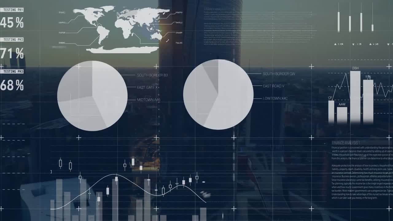 Animation of financial data processing and world map over cityscape