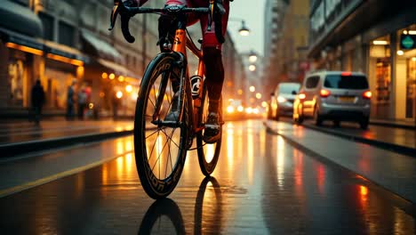 cyclist navigating a wet city street during evening twilight