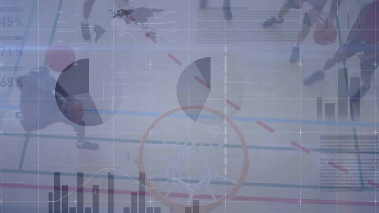 animación del procesamiento de datos financieros sobre un grupo diverso de jugadores de baloncesto masculinos en el gimnasio