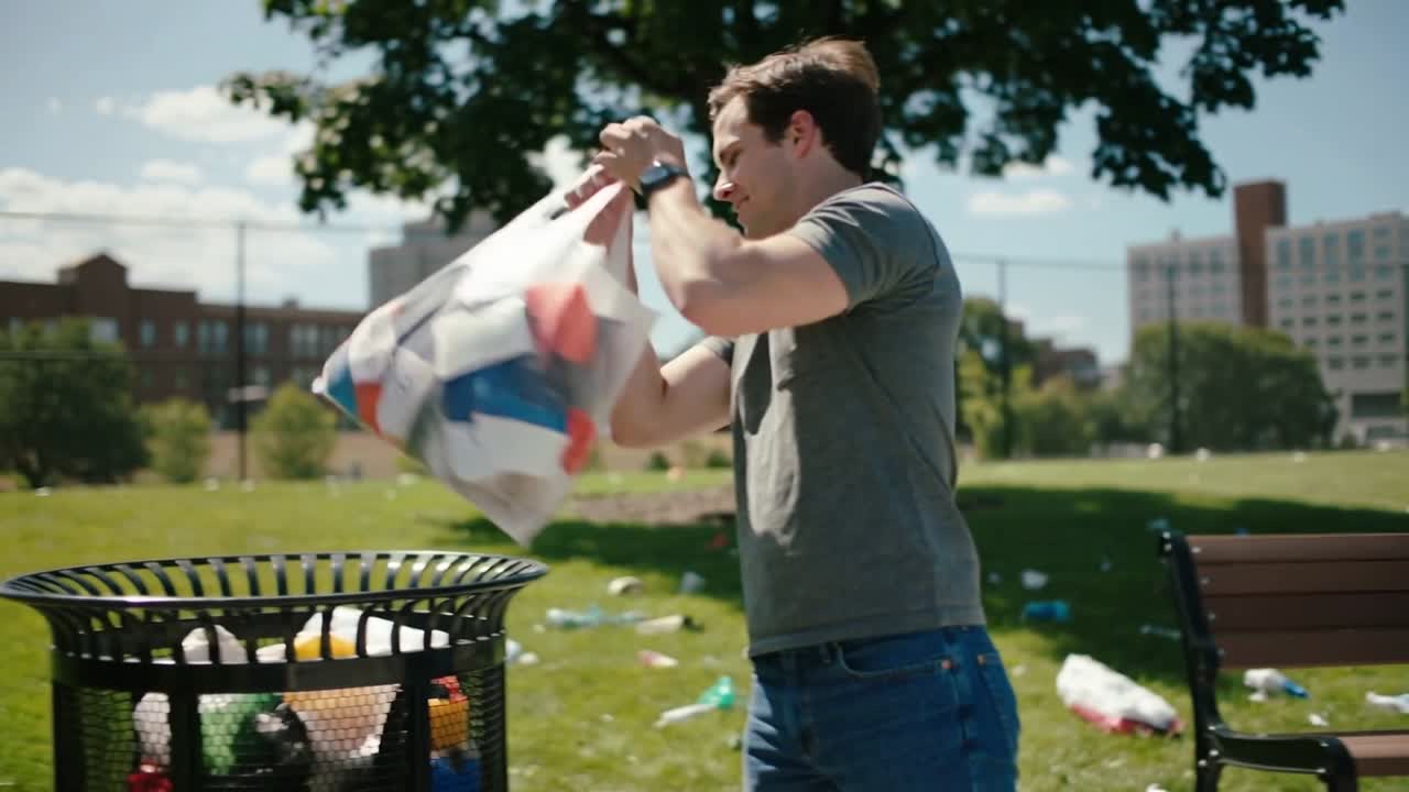 Man tightening plastic bag handles in park, depositing bag into metal trash can, aiding environment