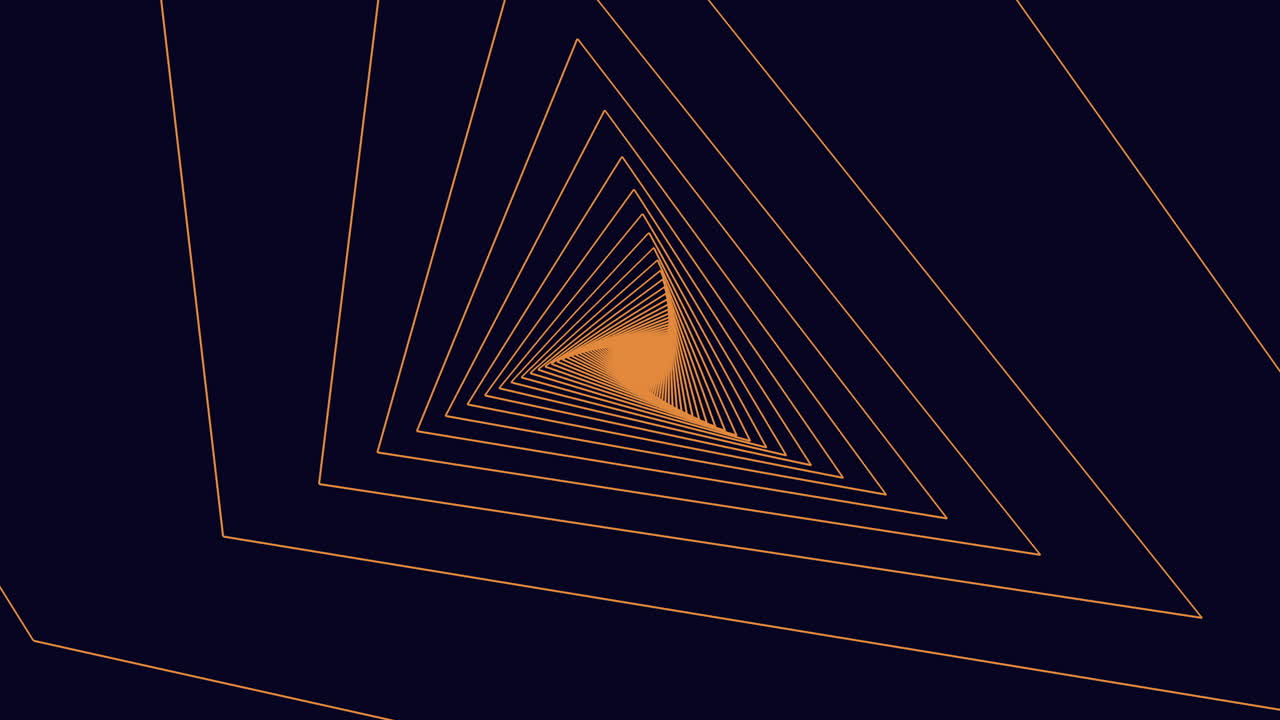 Futuristic abstract triangle tunnel made of glowing neon lines on dark background, seamless geometric perspective for technology, sci-fi, intro, and motion design use