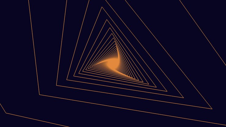 Futuristic abstract triangle tunnel made of glowing neon lines on dark background, seamless geometric perspective for technology, sci-fi, intro, and motion design use