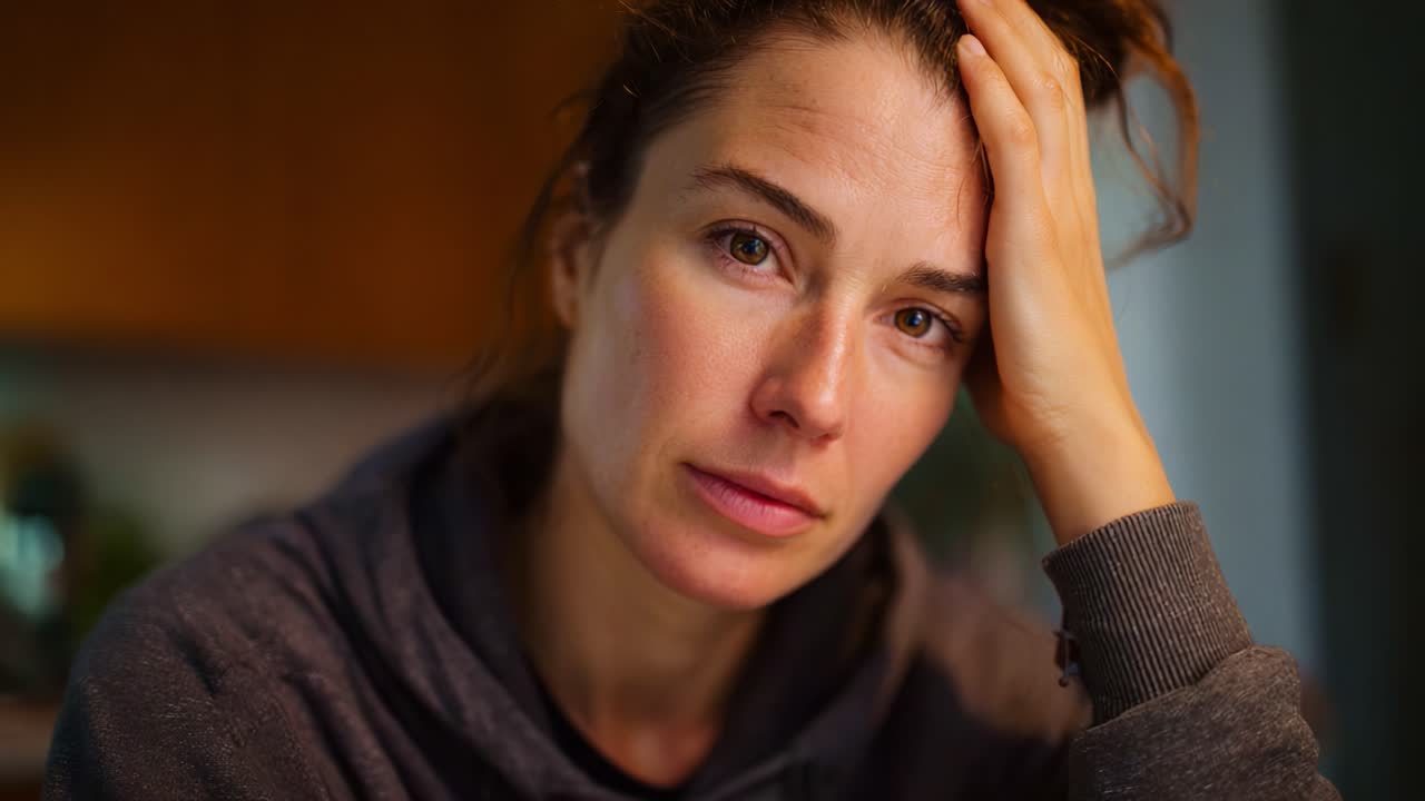 A close-up portrait of a thoughtful woman wearing a hoodie, expressing emotions through her gaze and hand on her forehead, captured in a home environment