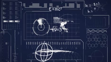 animación de ecuaciones matemáticas sobre la interfaz con el procesamiento de datos contra un fondo azul