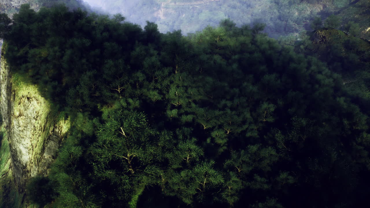 Majestic green landscape showcasing lush trees on a mountain cliff