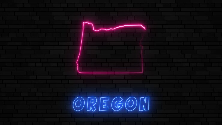 State of Oregon map silhouette with neon line on a dark brick wall background