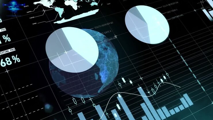 Animation of statistical data processing over a globe against black background