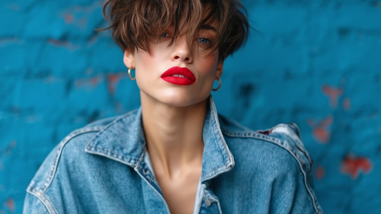 Bella giovane fotografa creativa con capelli corti e spettinati che tiene in mano una macchina fotografica professionale su sfondo di parete blu.