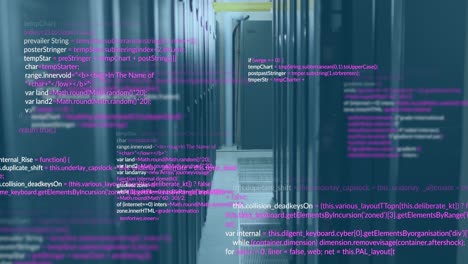 Animation-Mehrfarbiger-Computersprache-über-Datenserver-Racks-Im-Serverraum