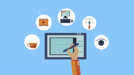 animación del proceso creativo con diseñador y herramientas manuales