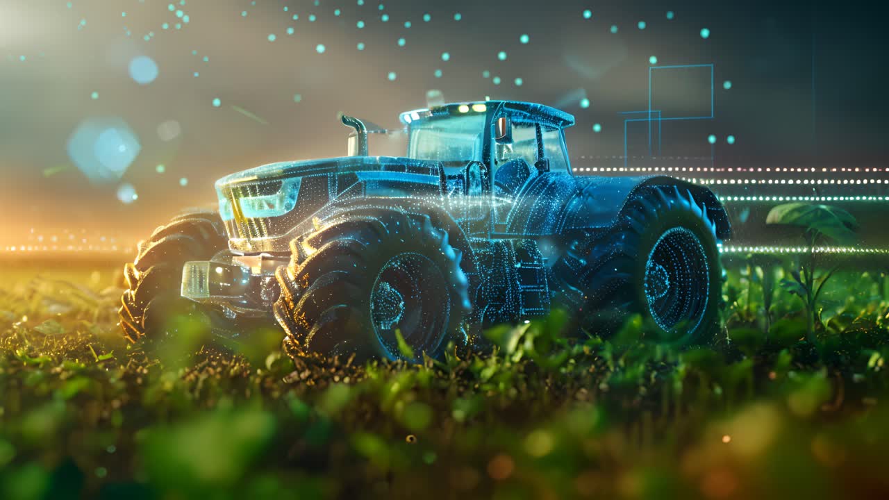 Modern Tractor in a Field with Digital Overlay