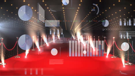 charts and graphs animation over red carpet event with spotlights and ropes