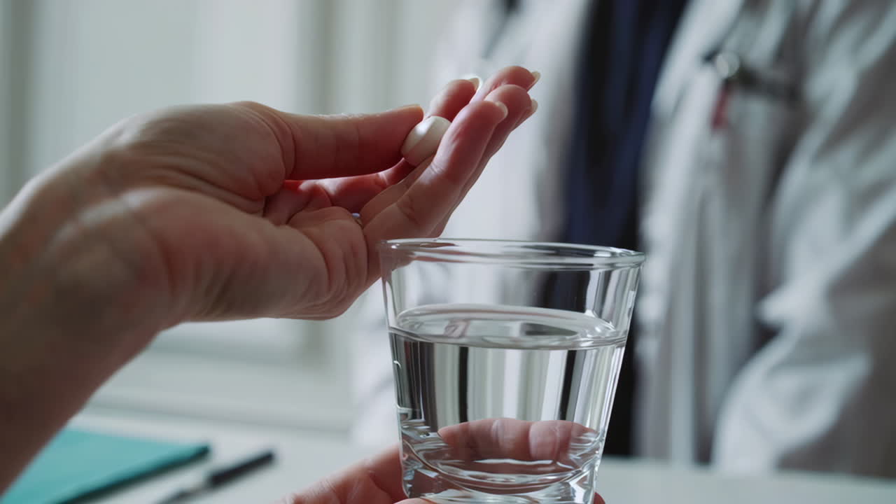 Patient taking a pill with water