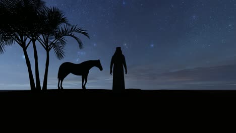 silhouettes of a horse and a bedouin arab on the background of a starry night in the desert 4k