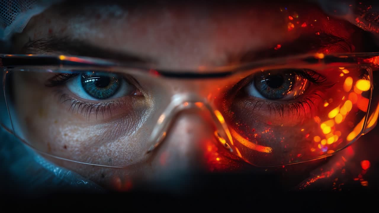 Intense Close-Up of a Focused Individual's Eyes behind Protective Gear, Highlighted by Glowing Lights that Create a Dramatic and Futuristic Atmosphere