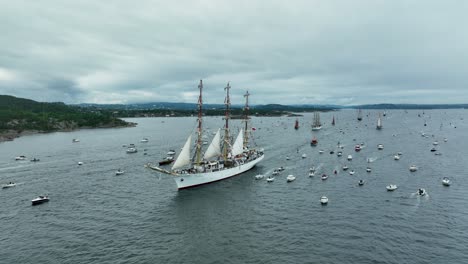 a majestic tall ship sails gracefully among a multitude of smaller boats during a maritime festival on calm waters. the overcast sky adds a dramatic backdrop to the event