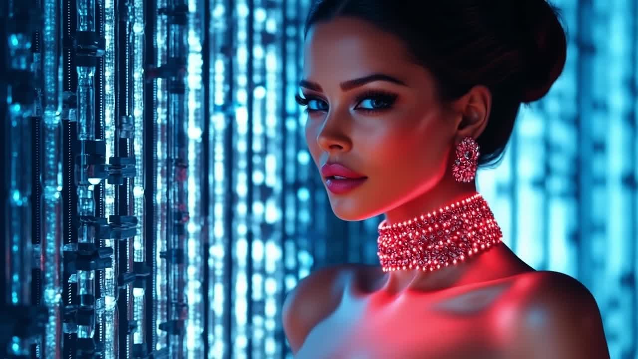 Gioielli eleganti in luce blu. Una donna posa con sicurezza con gioielli sorprendenti su uno sfondo blu vivido, irradiando eleganza e raffinatezza.