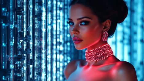 elegant jewelry in blue light. a woman poses confidently with striking jewelry against a vivid blue background, radiating elegance and sophistication.