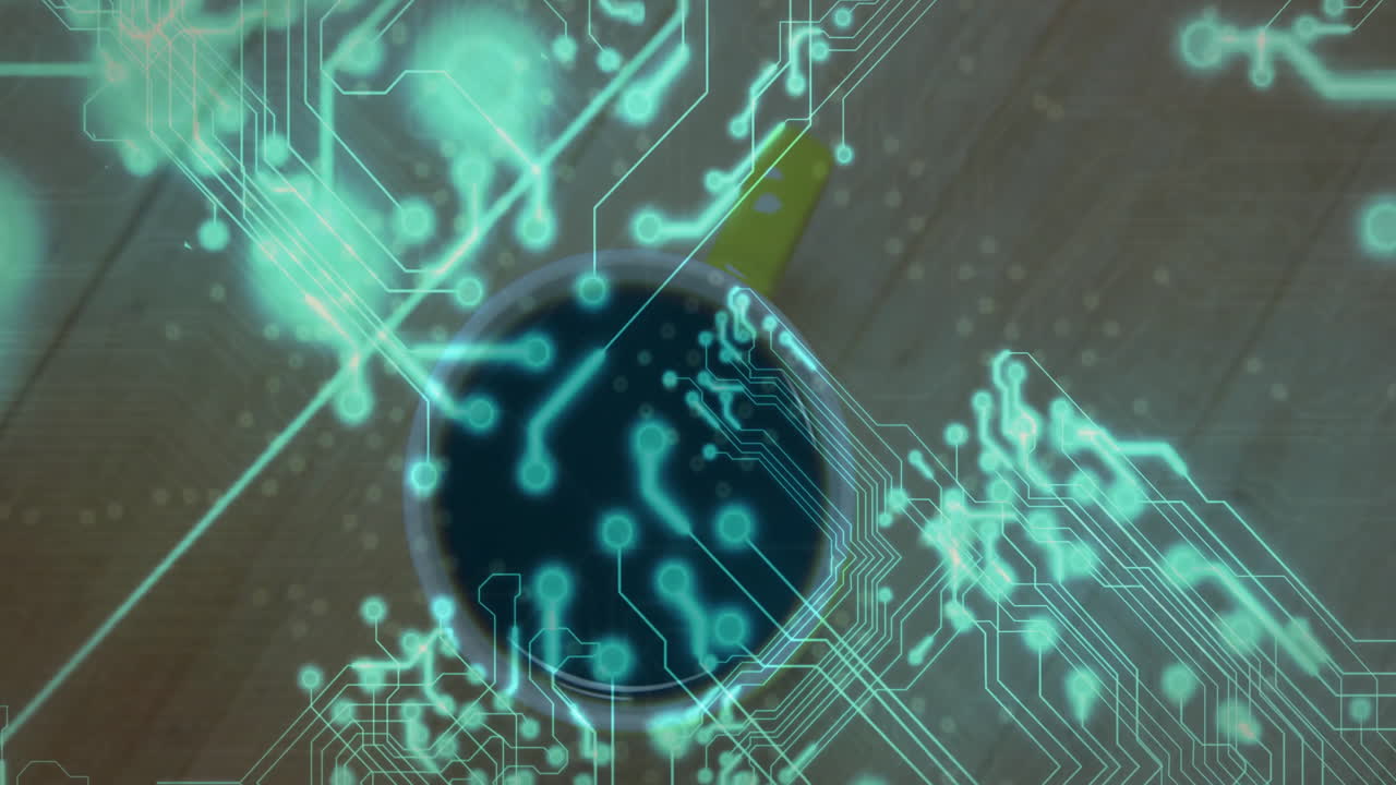Single coffee mug glowing with turquoise circuit board overlay spreading across wooden tabletop