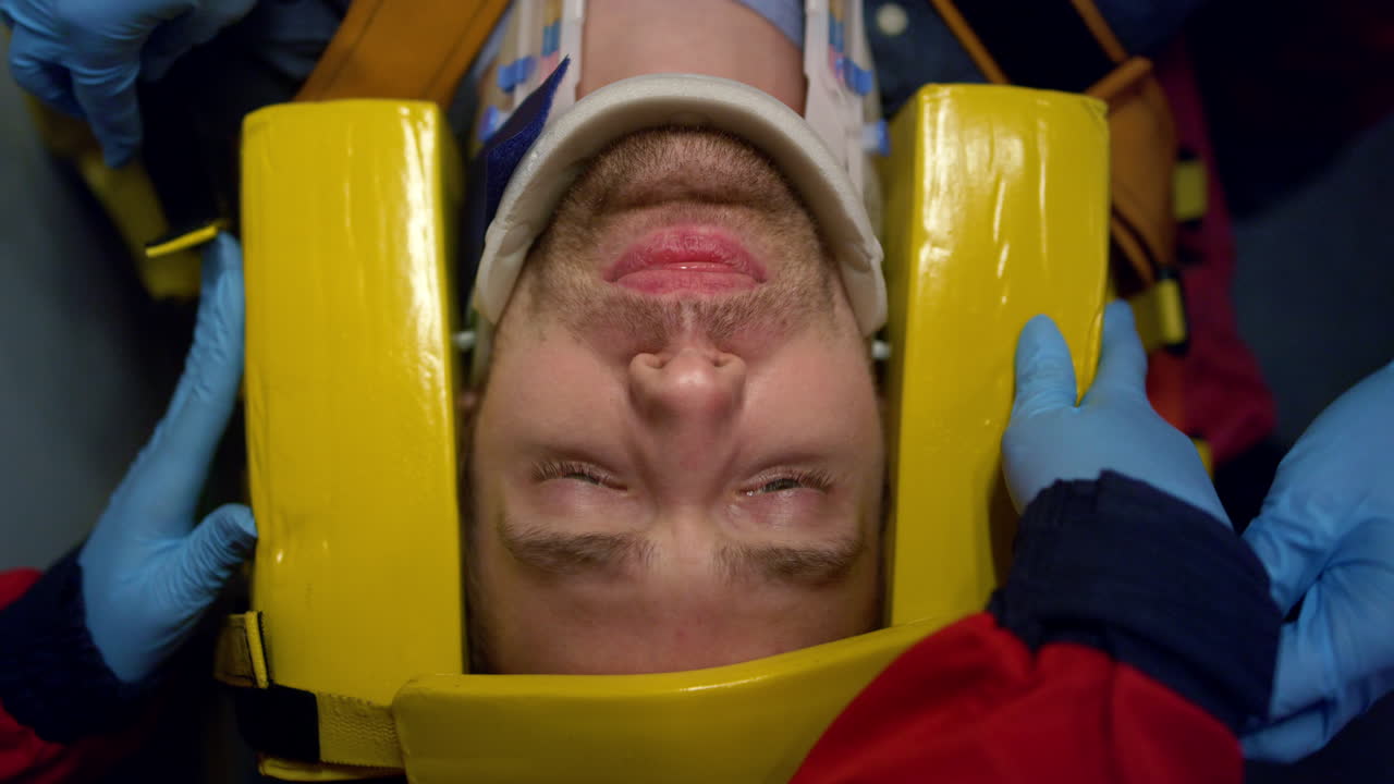 Paramedics hands taking care about patient. Doctors fixing man head on stretcher