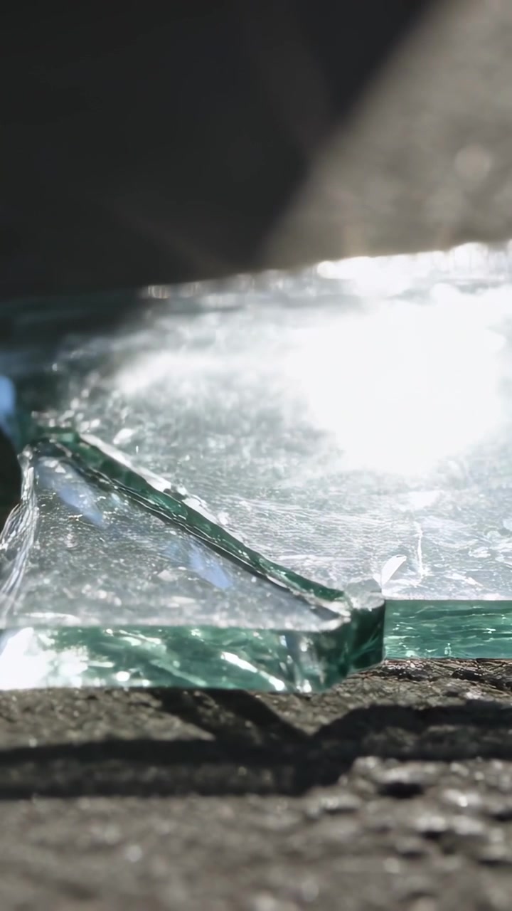 Vertical video: Panning camera moving across broken glass shard on pavement, revealing green edge