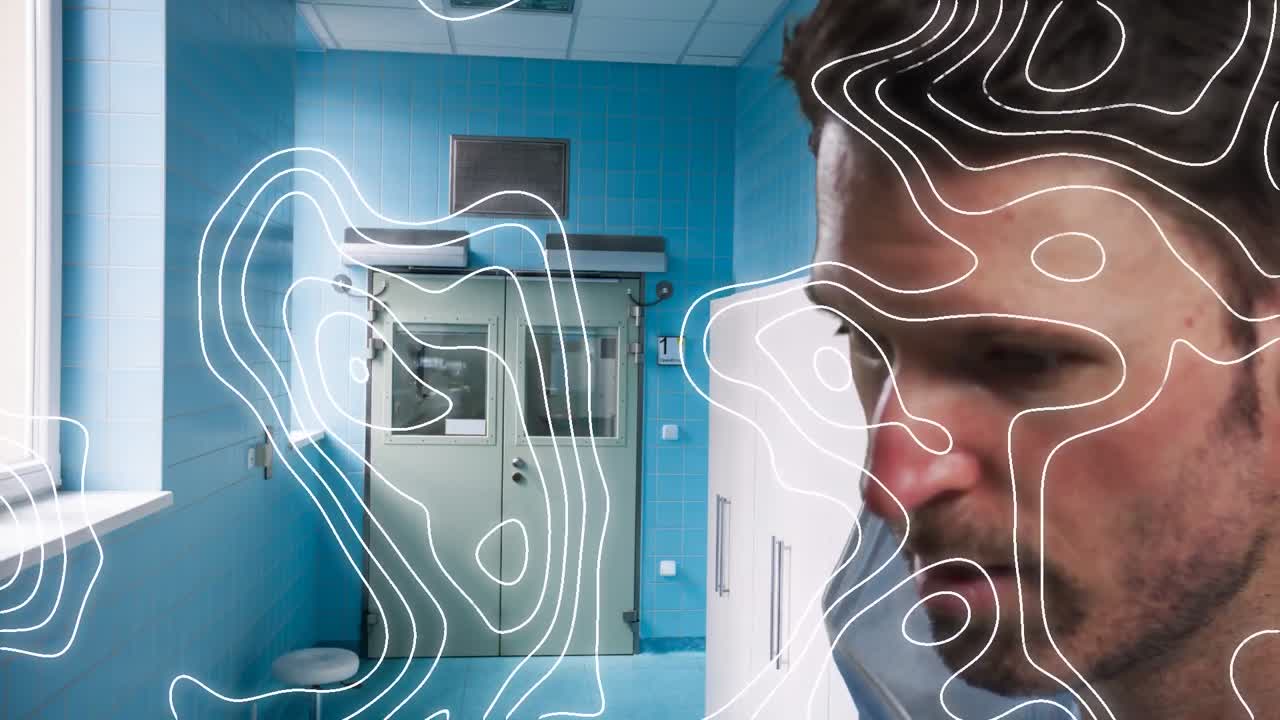 Animazione di forme in movimento su un medico caucasico con mascherina