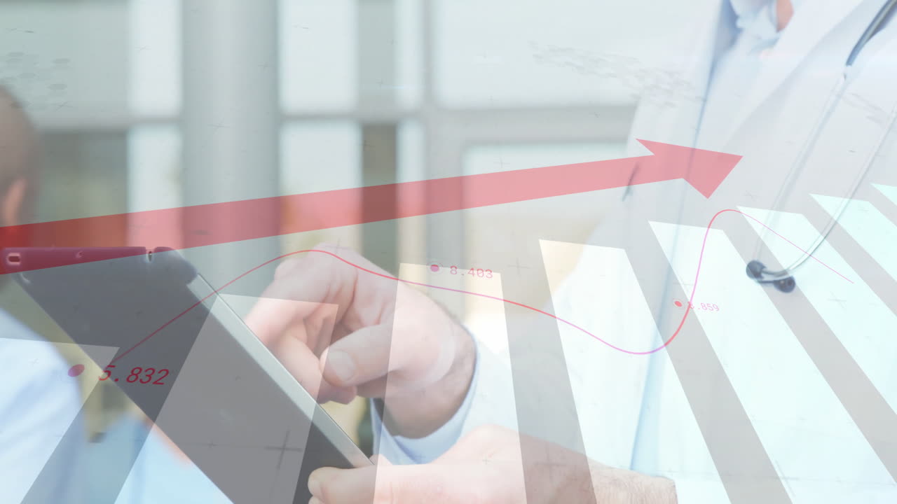 Using tablet with animation of upward financial graph, doctor in medical setting
