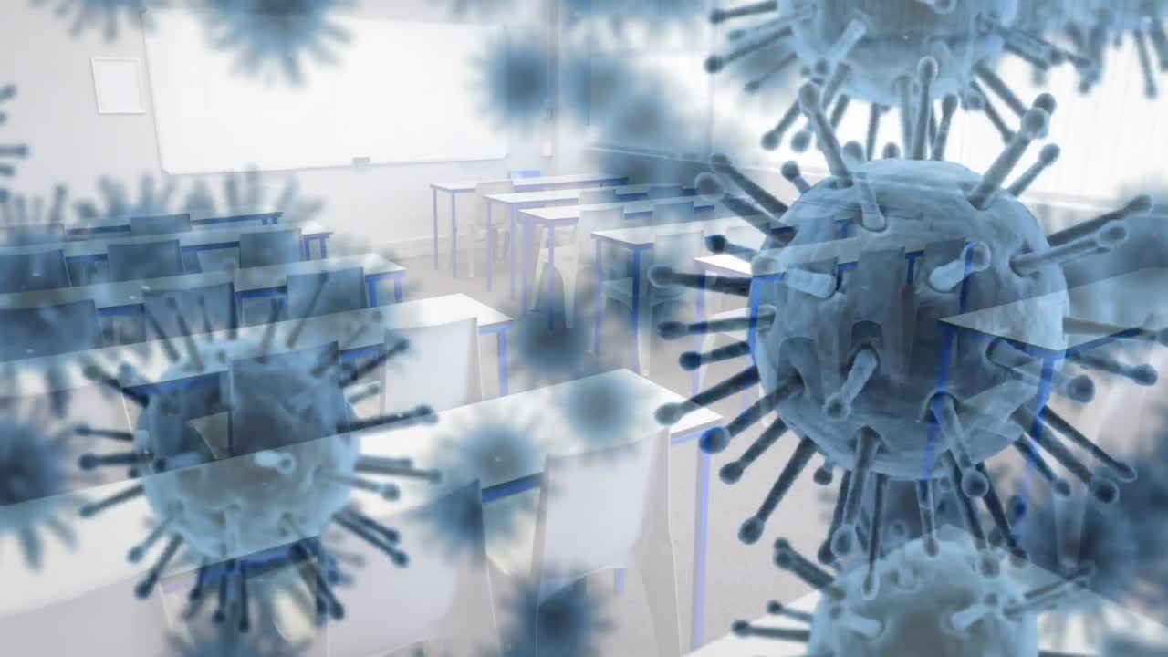 빈 학교 교실에서 퍼지는 거대 코로나바이러스 세포의 애니메이션