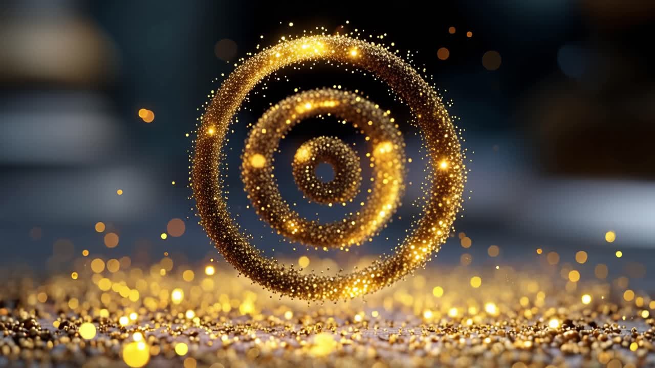 Una spirale dorata risplende, vorticando con particelle scintillanti. Polvere luccicante si disperde sotto, catturando ogni luce. Il movimento mistico suggerisce energia, mistero o celebrazione. Perfetto per lusso, magia.